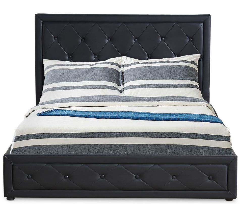 Lit coffre 140x190 cm simili cuir noir capitonné Maldi - Photo n°1