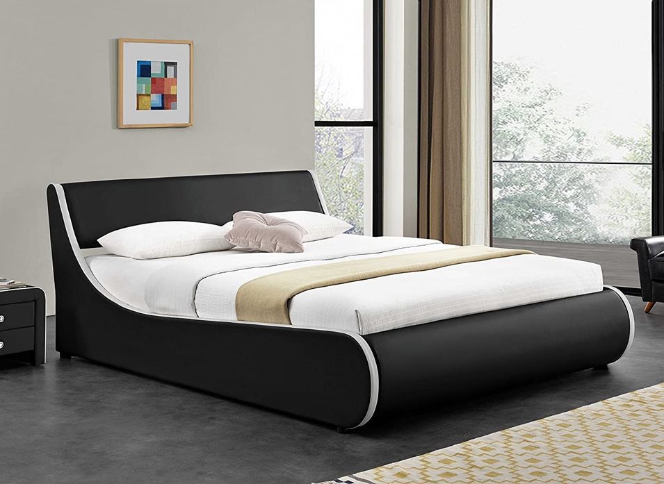 Lit coffre 140x190 cm simili cuir noir mat liseré blanc Asora - Photo n°1