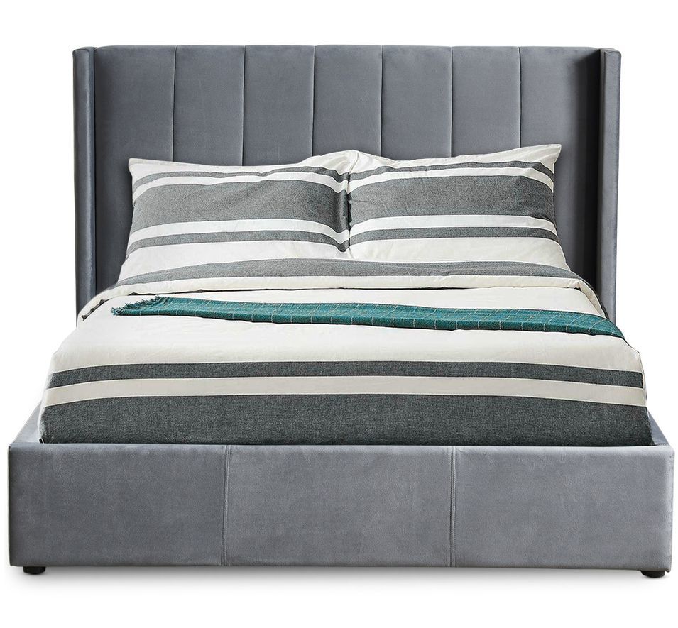 Lit coffre 140x190 cm velours gris capitonné Loria - Photo n°1