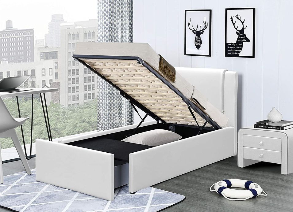 Lit coffre 90x190 cm 1 tiroir simili cuir blanc Jorn - Photo n°1