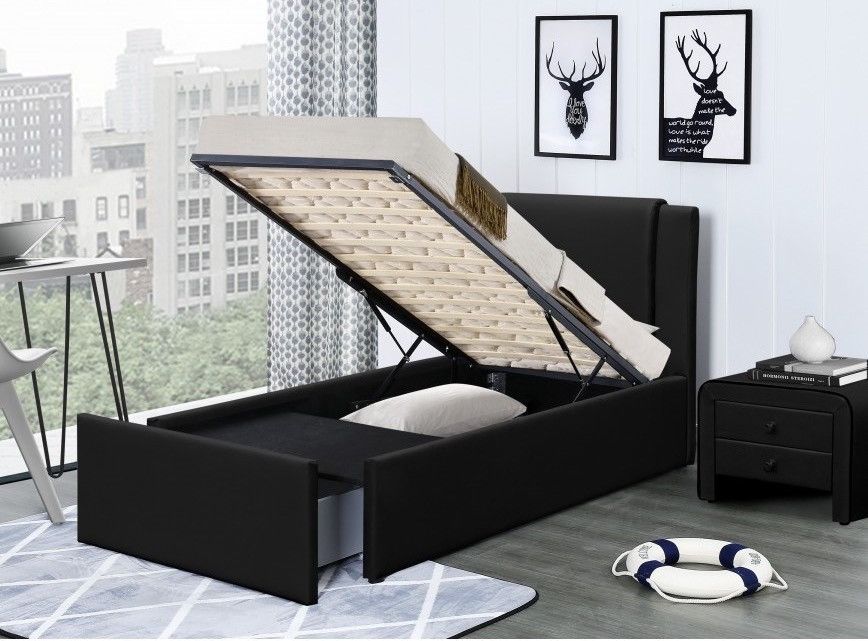 Lit coffre 90x190 cm avec tiroir simili cuir noir Jorn - Photo n°1