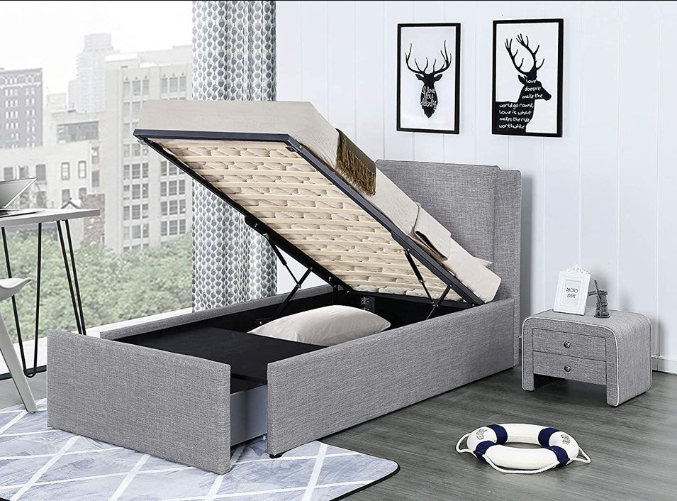 Lit coffre 90x190 cm avec tiroir tissu lin gris clair Jorn - Photo n°1