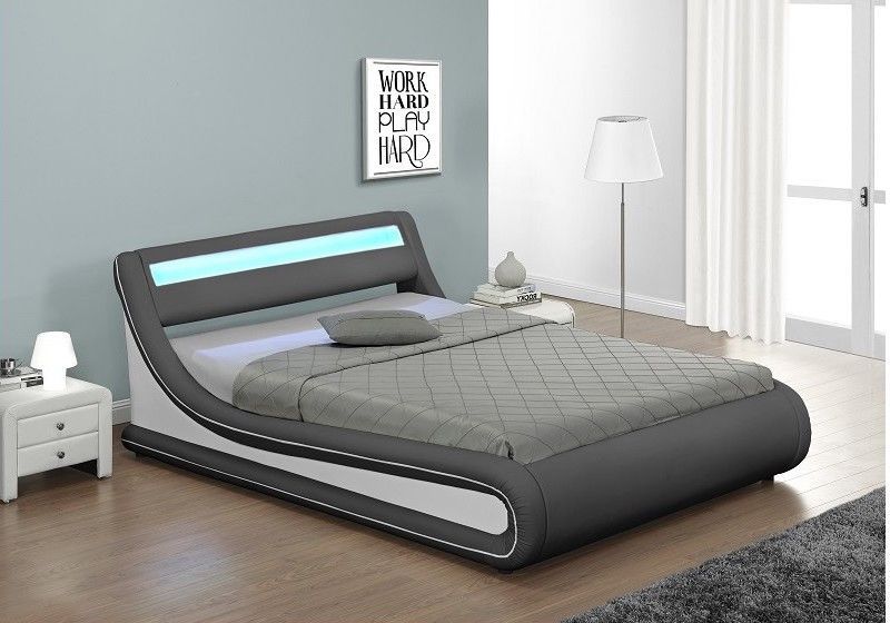 Lit coffre à led 180x200 cm simili cuir gris liseré blanc Lenna - Photo n°1