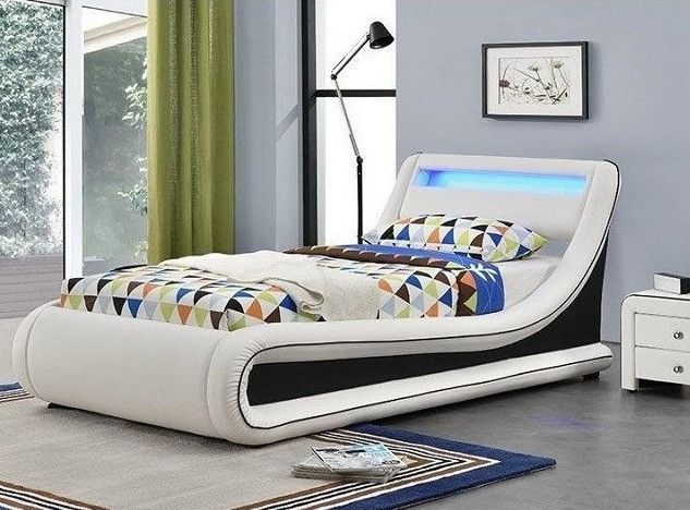 Lit coffre à led 90x190 cm simili cuir blanc liseré noir Lenna - Photo n°1