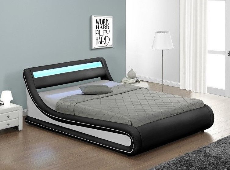 Lit coffre à led 90x190 cm simili cuir noir liseré blanc Lenna - Photo n°1