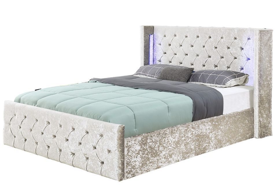 Lit coffre à led capitonné chesterfield velours beige - 3 tailles - Photo n°1