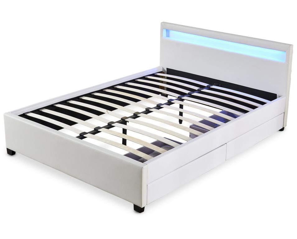 Lit coffre à LED et 2 tiroirs 140x190 cm simili cuir blanc Olaro - Photo n°1