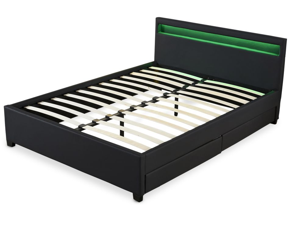 Lit coffre à LED et 2 tiroirs 140x190 cm simili cuir noir Olaro - Photo n°1