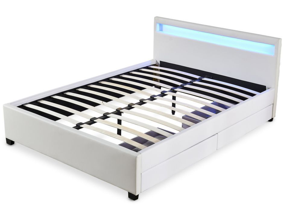 Lit coffre à LED et 2 tiroirs 160x200 cm simili cuir blanc Olaro - Photo n°1