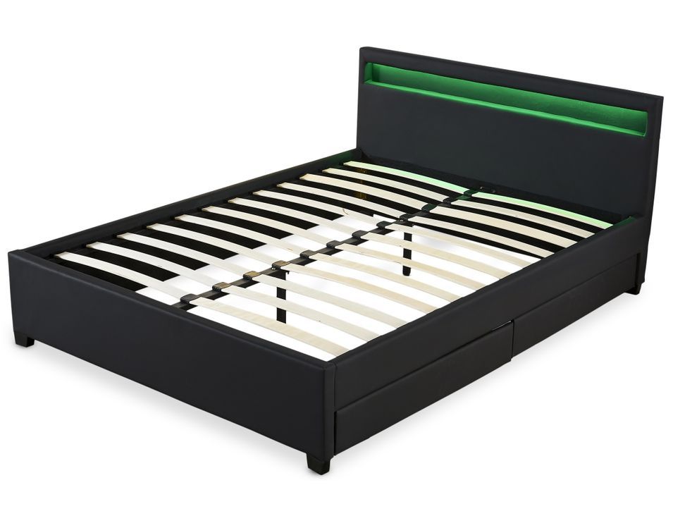 Lit coffre à LED et 2 tiroirs 160x200 cm simili cuir noir Olaro - Photo n°1