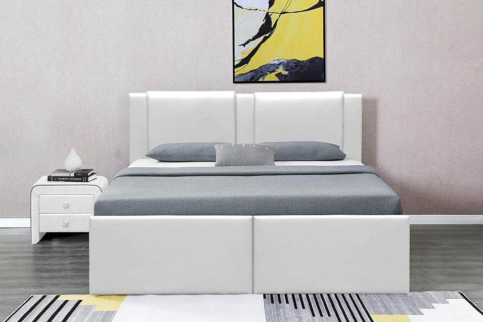 Lit coffre avec 2 tiroirs 140x190 cm simili cuir blanc Jorn - Photo n°1