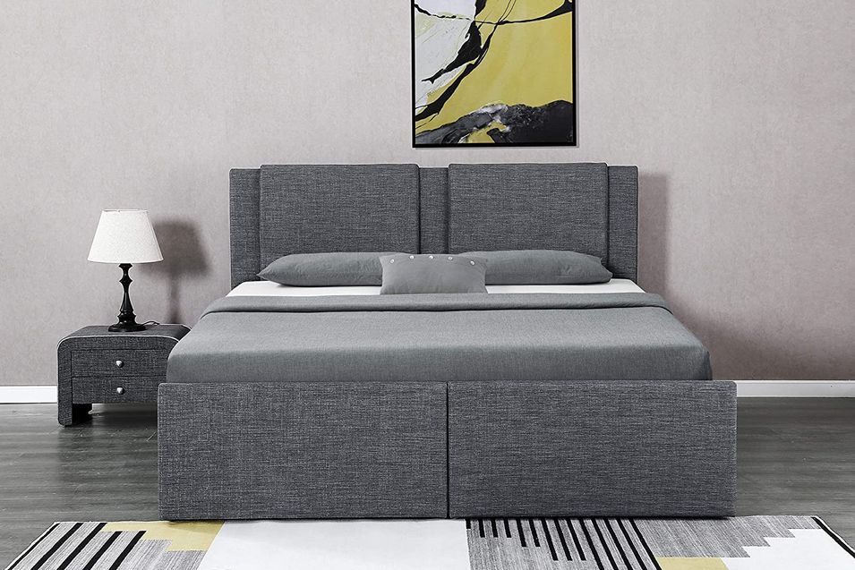 Lit coffre avec 2 tiroirs 160x200 cm tissu gris foncé Jorn - Photo n°1