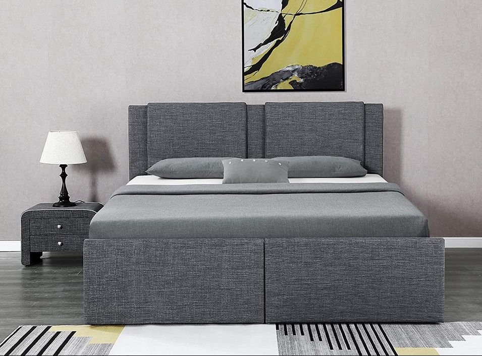 Lit coffre avec 2 tiroirs 180x200 cm tissu gris foncé Jorn - Photo n°1