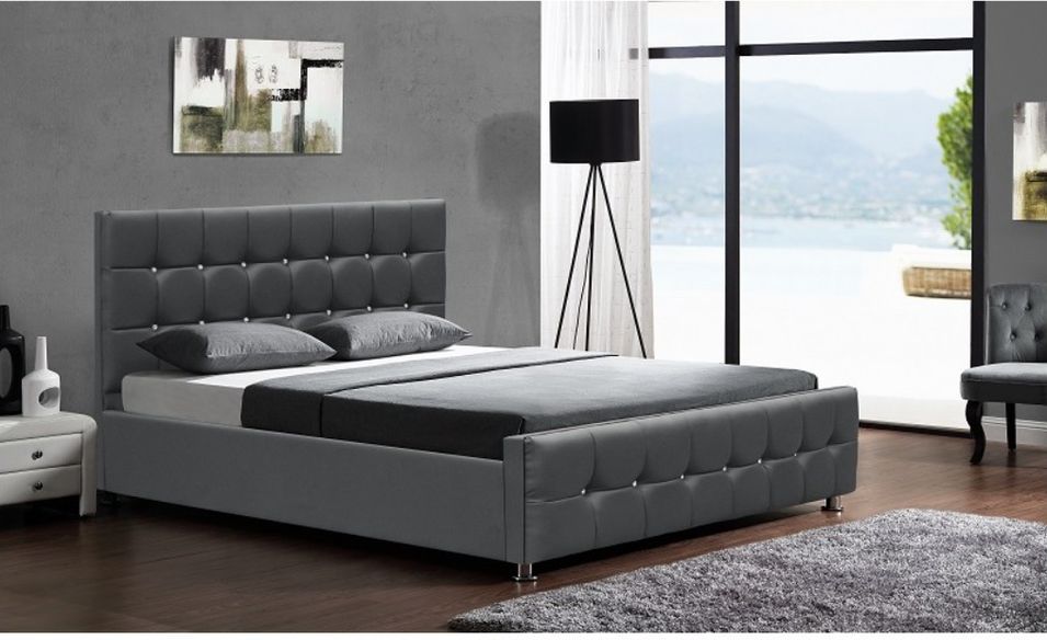 Lit coffre capitonné Simili Gris 140 Kim + Matelas mémoire 24 cm - Photo n°1