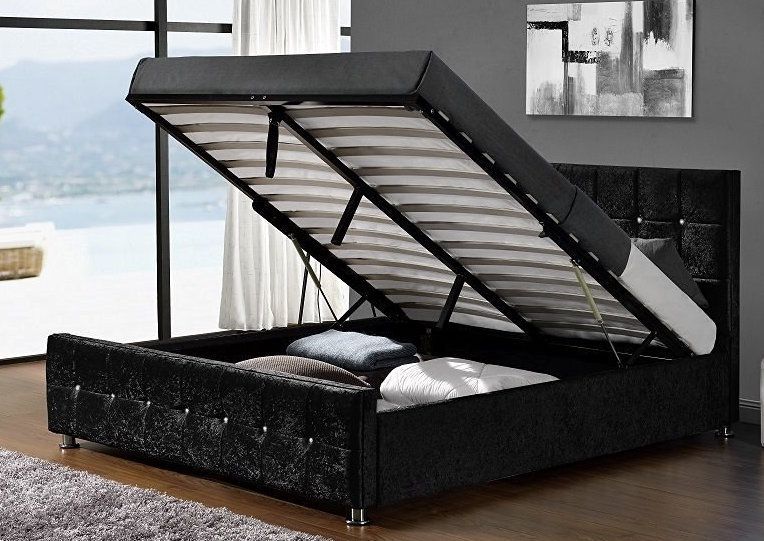 Lit coffre capitonné Velours Noir 160 Kim + Matelas mémoire 24 cm - Photo n°1