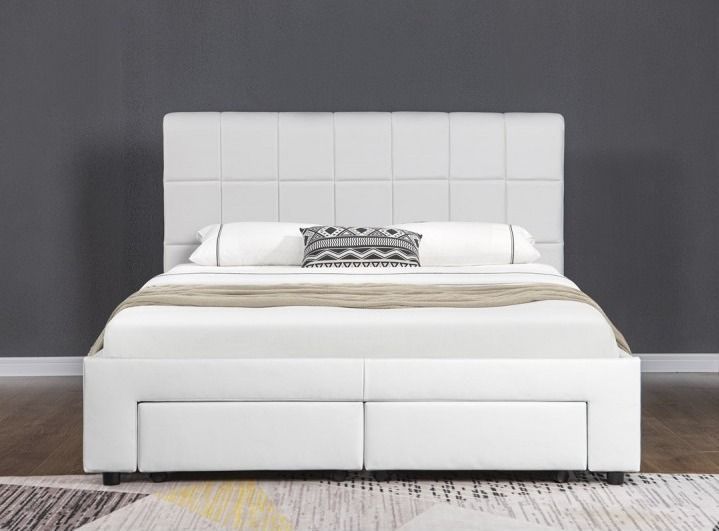 Lit coffre et tiroirs simili cuir blanc Ceane 160x200 cm - Photo n°1