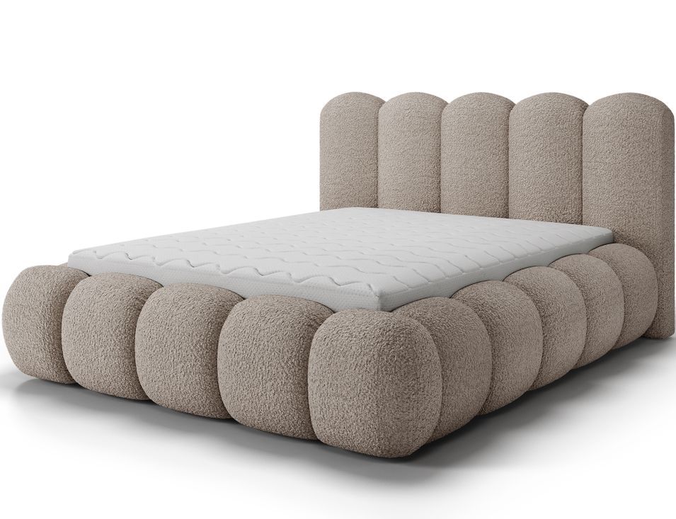 Lit coffre NOBU en tissu bouclette avec tête de lit capitonnée - Photo n°1