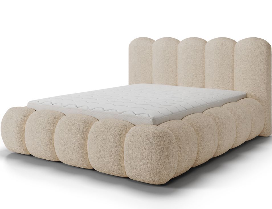 Lit coffre NOBU en tissu texturé avec tête de lit capitonnée - Photo n°1