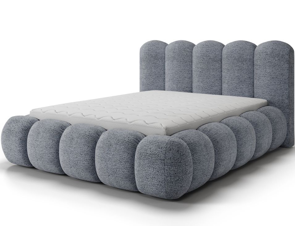 Lit coffre NOBU en tissu texturé avec tête de lit capitonnée - Photo n°1