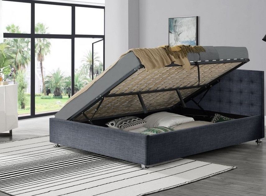 Lit coffre tissu lin gris foncé Dona 140x190 cm - Photo n°1