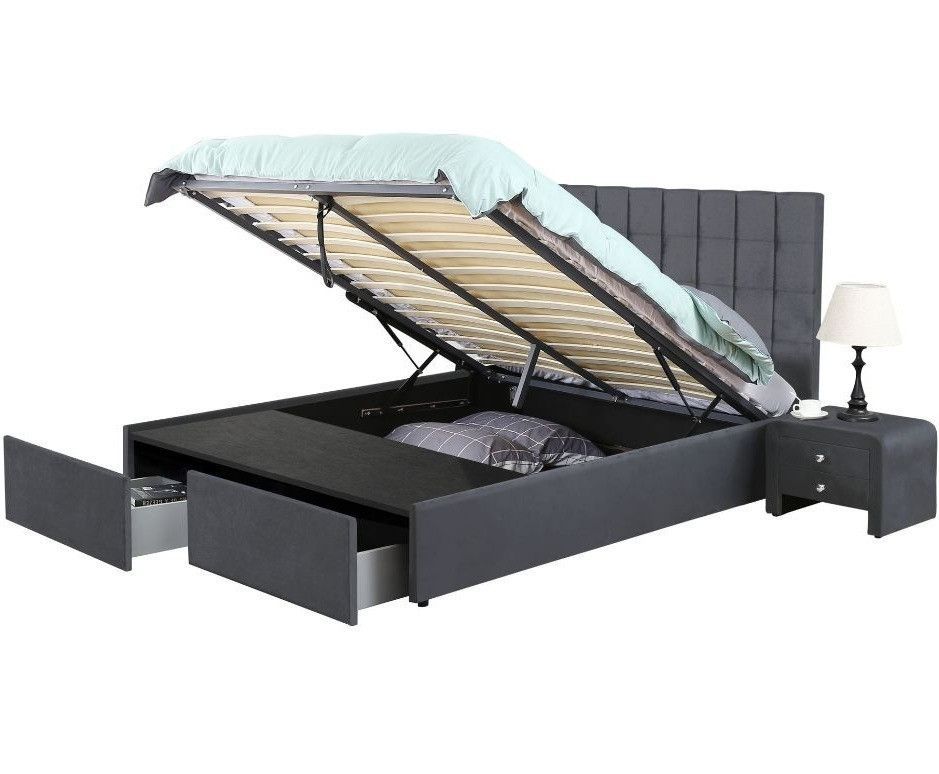 Lit coffre velours gris 2 tiroirs Krazo 160x200 cm - Photo n°1