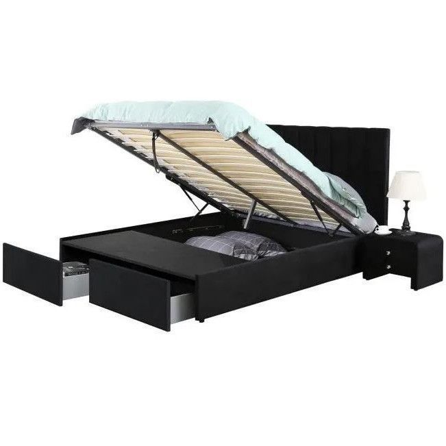 Lit coffre velours noir 2 tiroirs Krazo 180x200 cm - Photo n°1