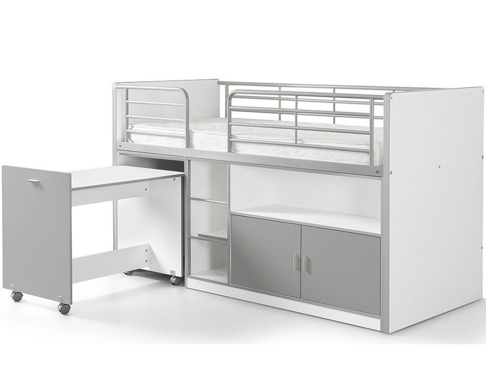 Lit combiné 90x200 cm avec sommier 1 bureau 2 portes bois blanc et gris Bonny - Photo n°1