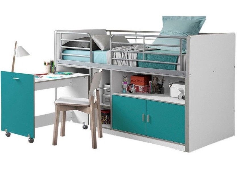 Lit combiné 90x200 cm avec sommier 1 bureau 2 portes bois blanc et turquoise Bonny - Photo n°1