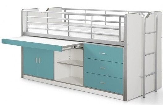 Lit combiné 90x200 cm avec sommier 1 bureau 3 tiroirs bois blanc et turquoise Bonny - Photo n°1