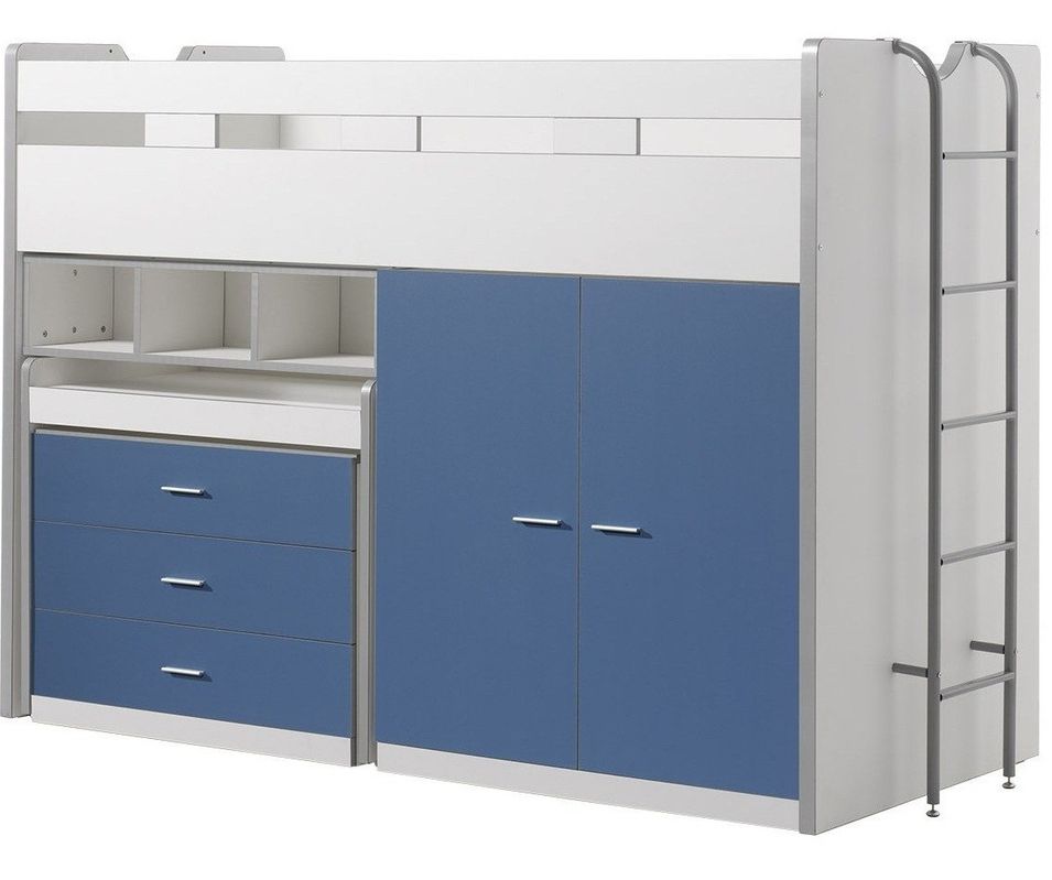 Lit combiné 90x200 cm avec sommier 3 tiroirs 2 portes bois blanc et bleu Bonny - Photo n°1