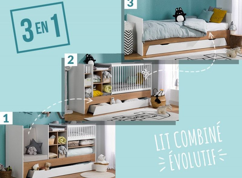 Lit combiné transformable 40x80 cm bois clair et blanc Ecrin - Photo n°4