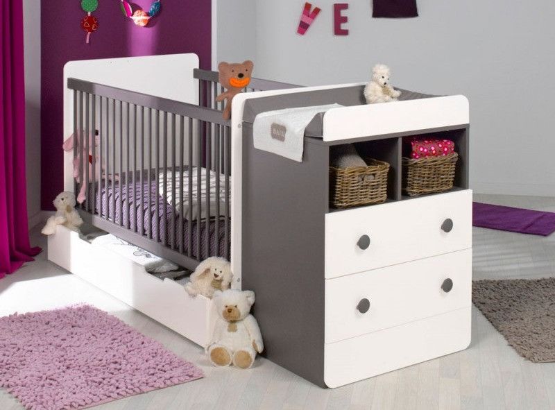 Lit combiné transformable avec tiroir 70x140 cm bois blanc et taupe Malte - Photo n°1