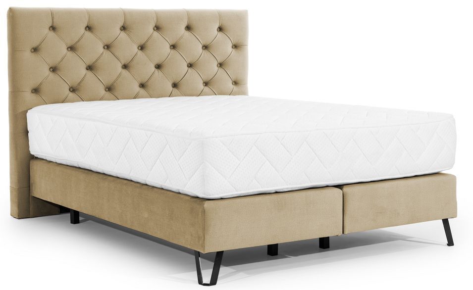 Lit continental capitonné tissu beige Pozza avec matelas 30 cm en latex et pied métal noir - Photo n°1