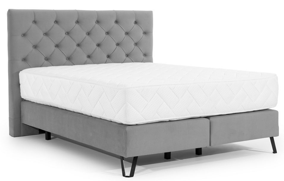 Lit continental capitonné tissu gris Pozza avec matelas 30 cm en latex et pied métal noir - Photo n°1