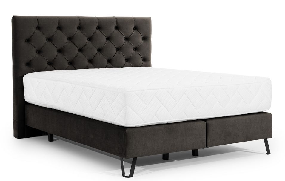 Lit continental capitonné tissu marron Pozza avec matelas 30 cm en latex et pied métal noir - Photo n°1