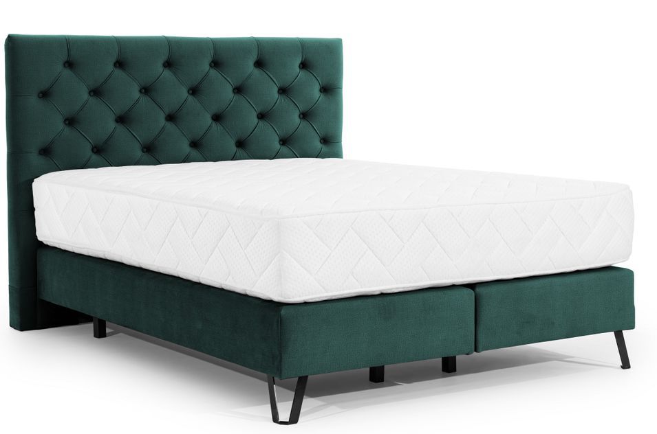 Lit continental capitonné tissu vert Pozza avec matelas 30 cm en latex et pied métal noir - Photo n°1
