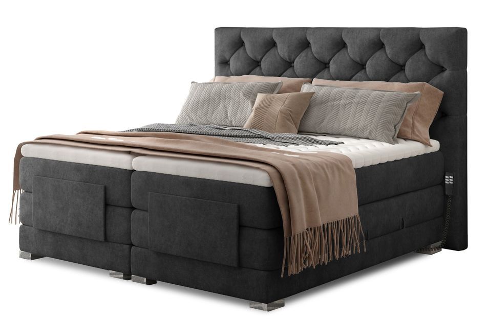 Lit continental électrique tissu anthracite avec matelas et surmatelas Karmen - Photo n°1