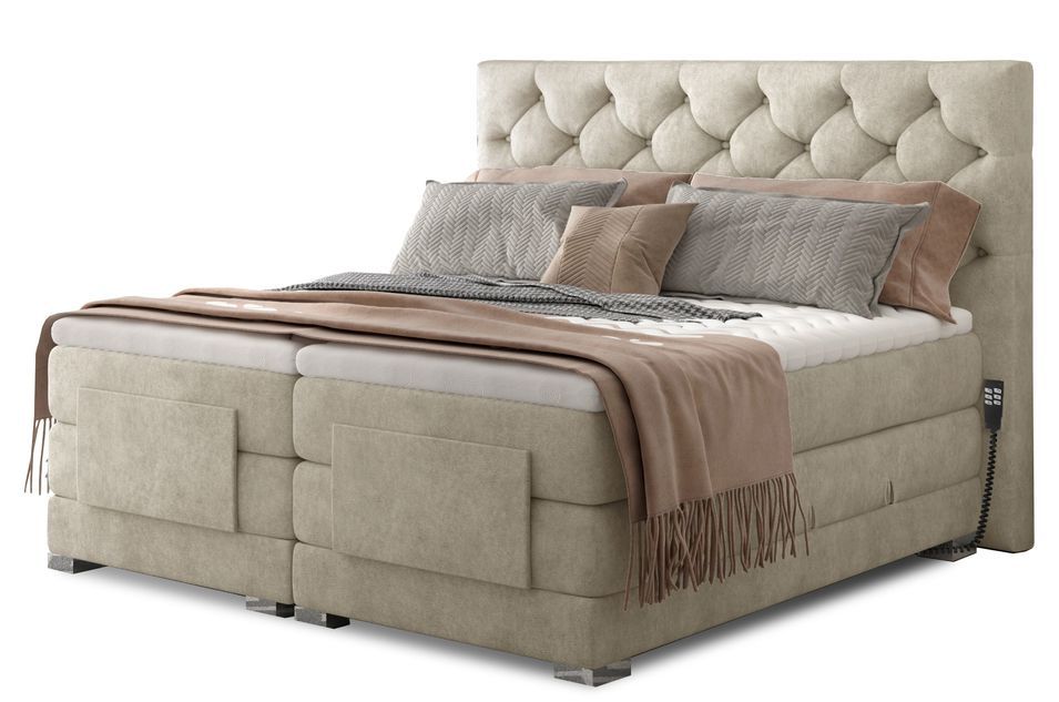 Lit continental électrique tissu beige clair avec matelas et surmatelas Karmen - Photo n°1