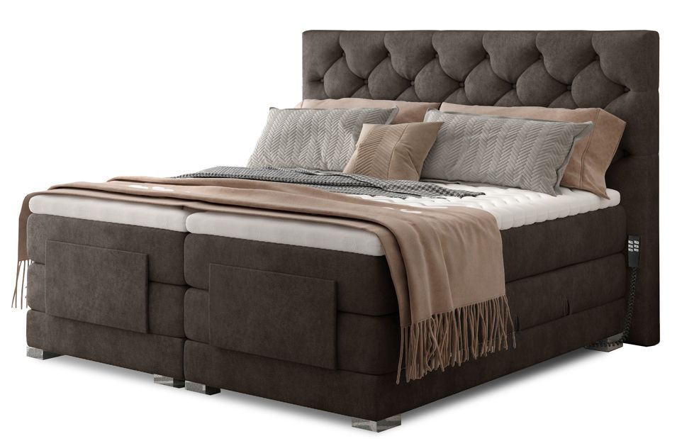 Lit continental électrique tissu marron avec matelas et surmatelas Karmen - Photo n°1