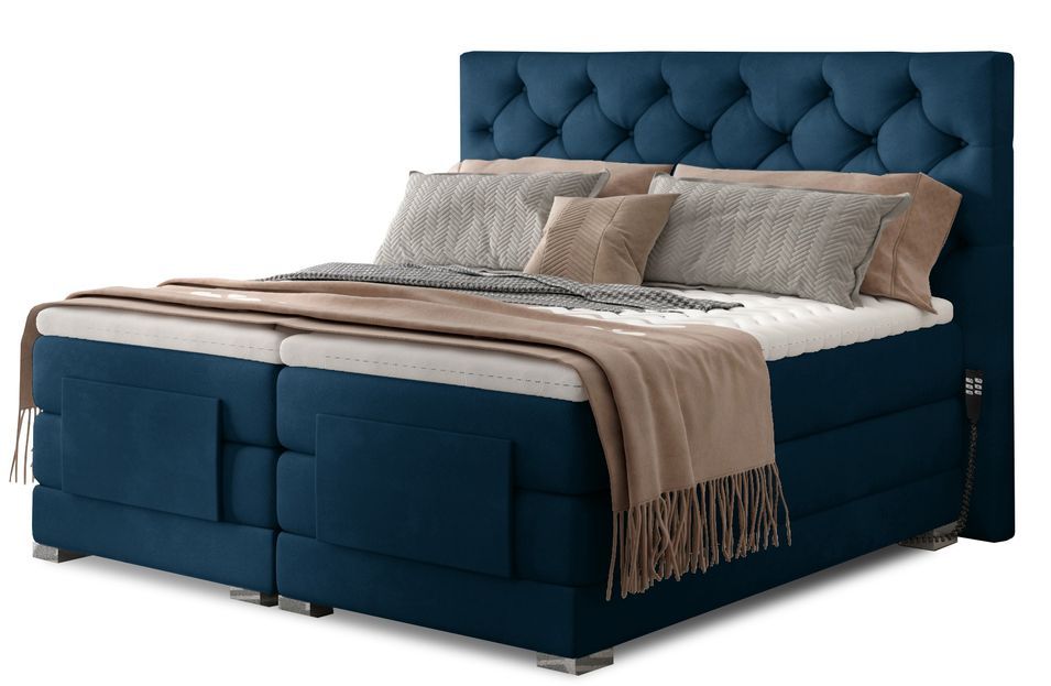 Lit continental électrique velours bleu avec matelas et surmatelas Karmen - Photo n°1