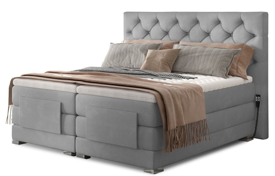 Lit continental électrique velours gris clair avec matelas et surmatelas Karmen - Photo n°1