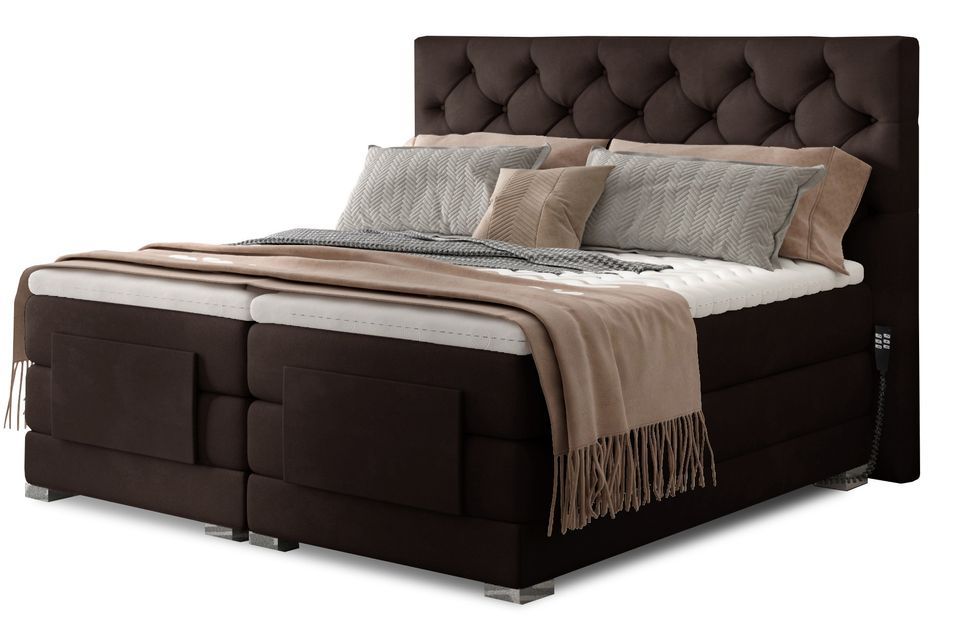 Lit continental électrique velours marron foncé avec matelas et surmatelas Karmen - Photo n°1