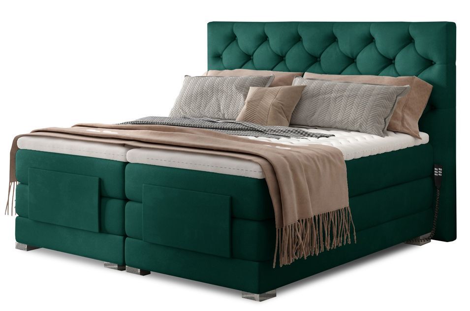 Lit continental électrique velours vert avec matelas et surmatelas Karmen - Photo n°1