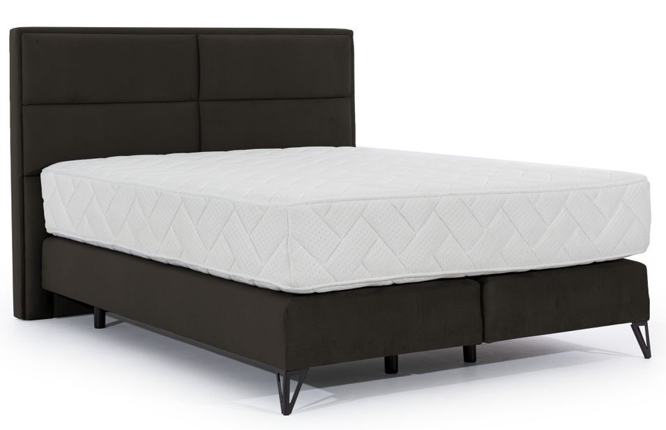 Lit continental tissu marron Tiempo avec matelas 30 cm en latex et pied métal noir - Photo n°1