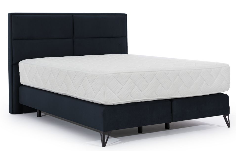 Lit continental velours bleu marine Tiempo avec matelas 30 cm en latex et pied métal noir - Photo n°1