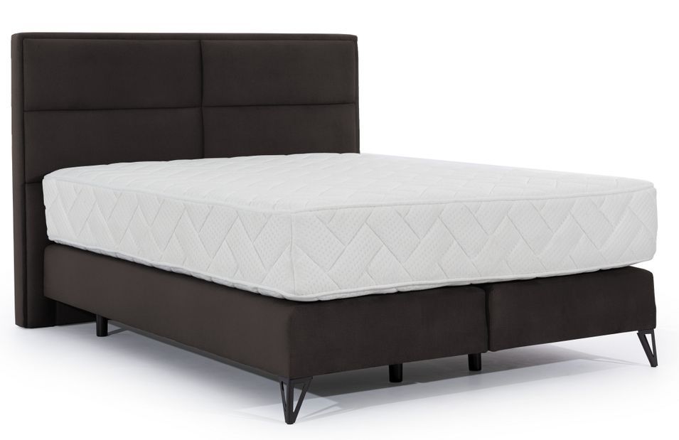 Lit continental velours marron Tiempo avec matelas 30 cm en latex et pied métal noir - Photo n°1