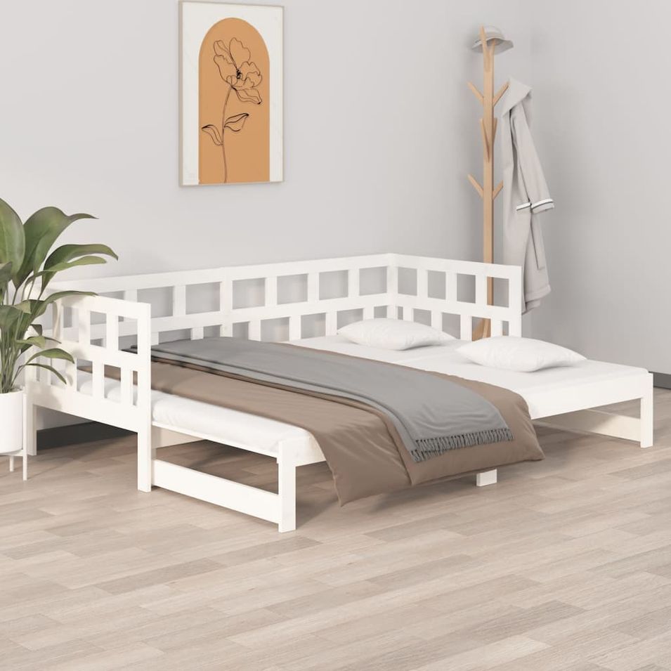 Lit coulissant Blanc Bois de pin solide 2x(80x200) cm - Photo n°1