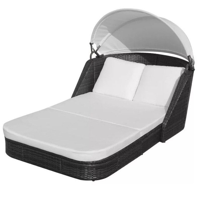 Lit de jardin avec auvent tissu blanc et résine noire Anki - Photo n°1