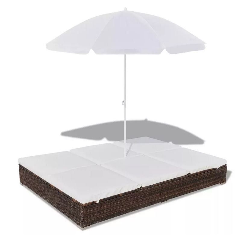 Lit de jardin réglable avec parasol résine tressée marron Uvo - Photo n°1