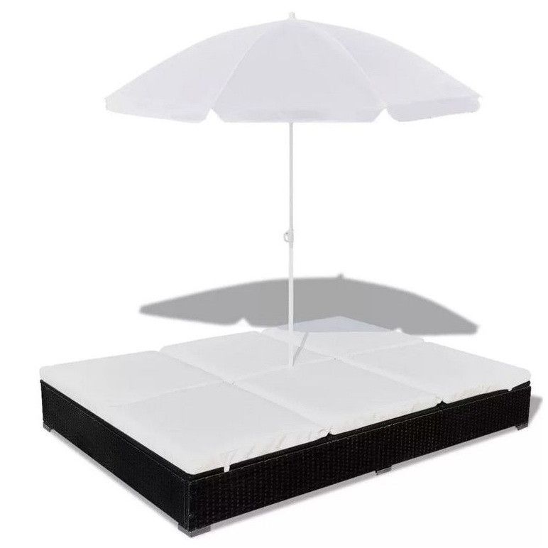 Lit de jardin réglable avec parasol résine tressée noire Uvo - Photo n°1